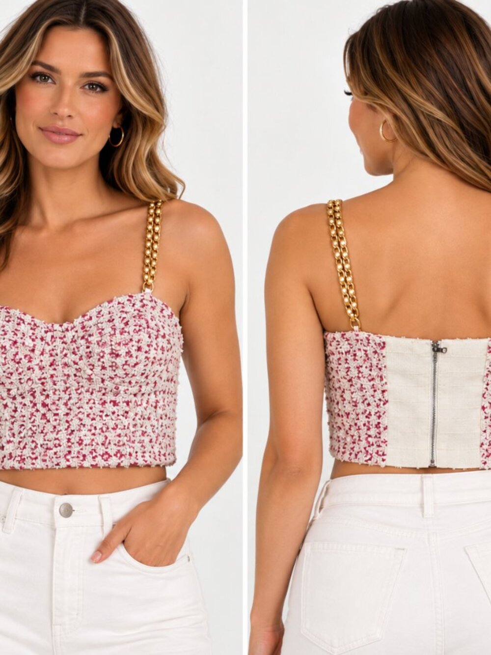 Alice + Olivia Woman's Sz 10 Tweed Chain Strap Bustier Crop Top Glam Chic